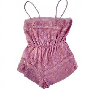 Vintage 60's Texsheen Pink Lace Coquette Hi Cut Teddy Romper Lingerie Retro